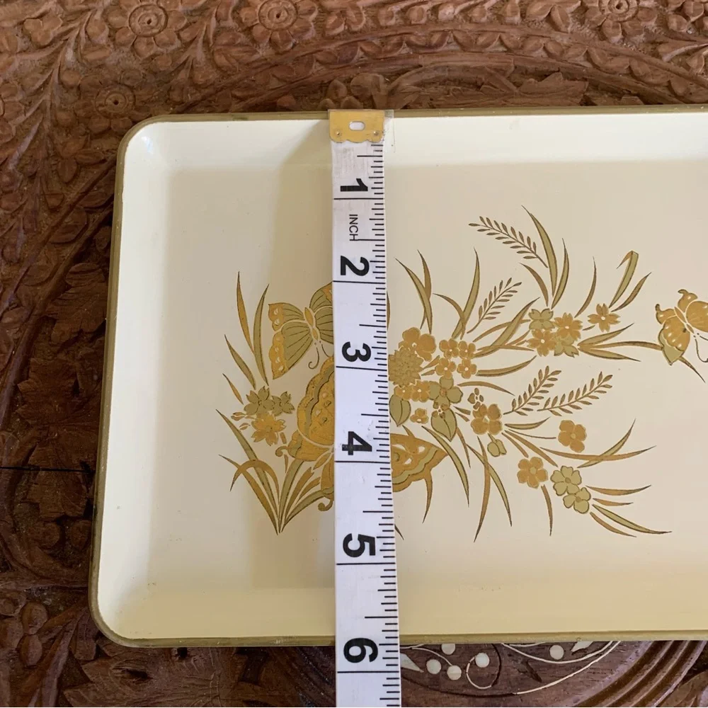 Vintage Otagiri Japan Butterflies Floral Lacquerware Mini Tray Decor Gold Ivory